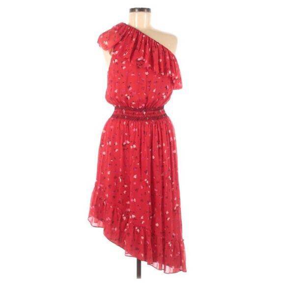 Joie Hafsa One Shoulder Asymmetrical Midi Dress Ruched Patterned sz M - Picture 4 of 13